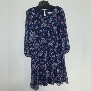 Calvin Klein Blue Purple Floral Cocktail Dress 3/4 Sheer Balloon Sleeve Size 10